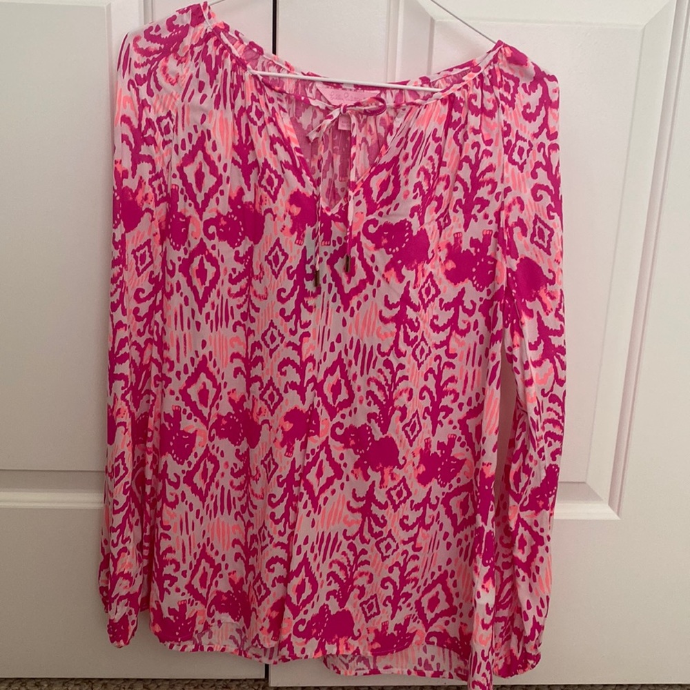 Lilly Pulitzer blouse/tunic in magenta Tons of Fun print with elephants.